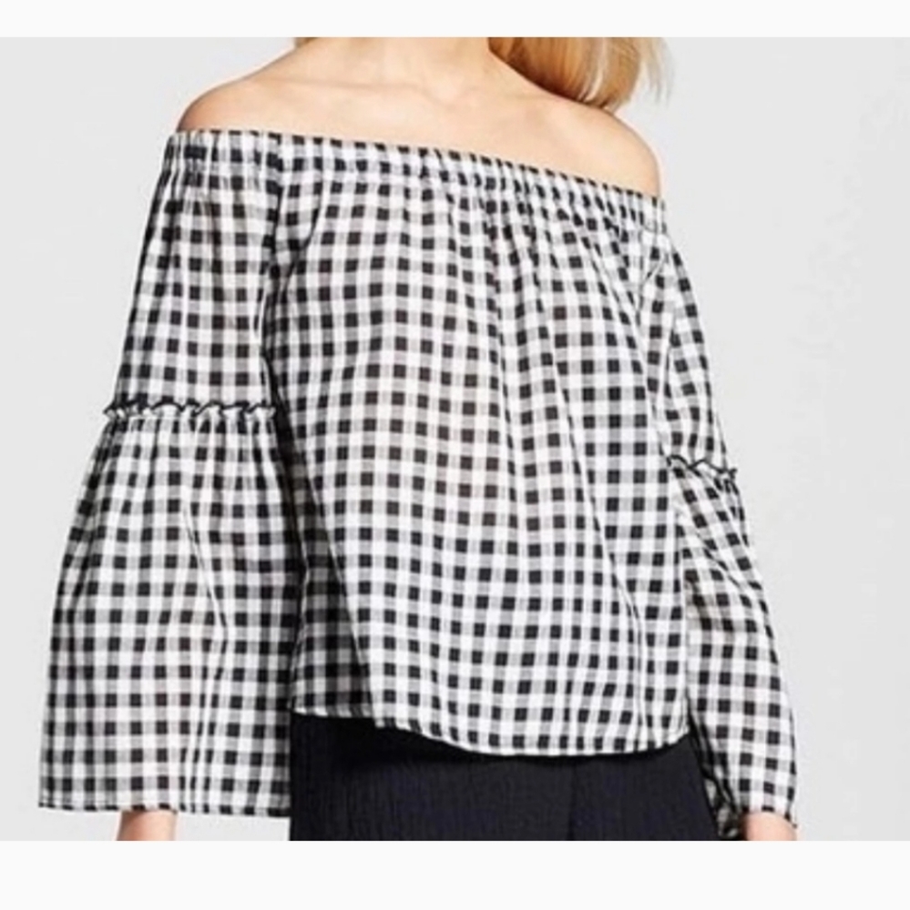 WHO WHAT WEAR off the shoulder plaid check top